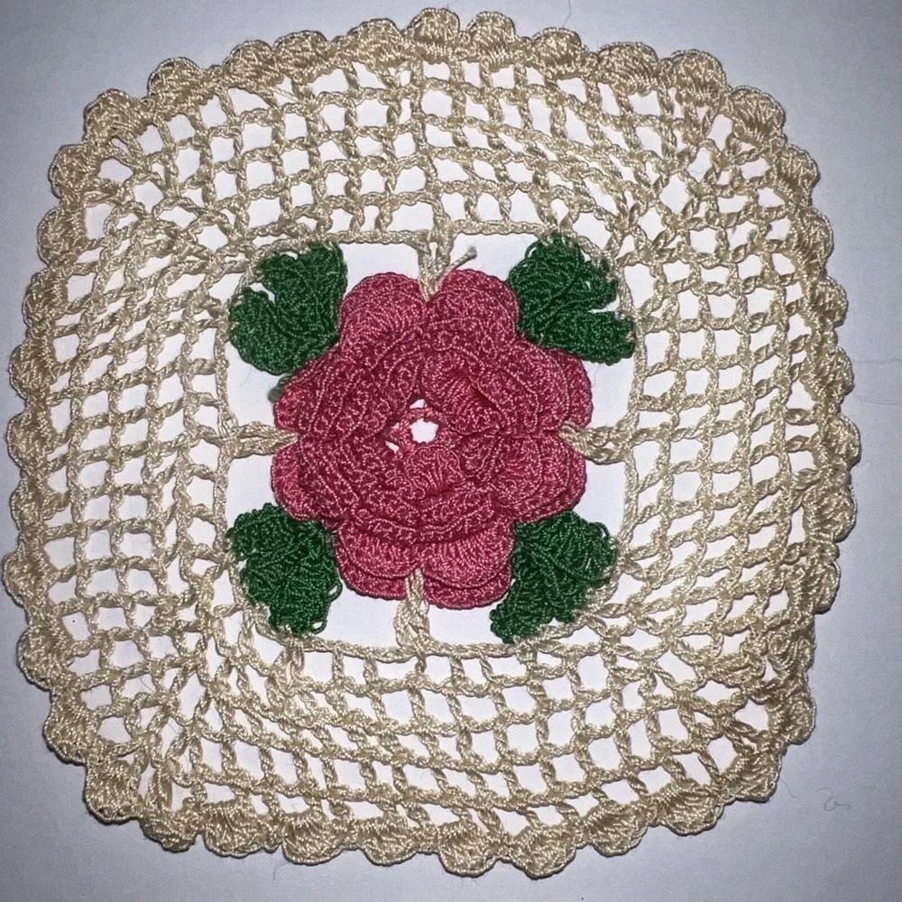 VTG 1950's Hand Crochet 3D Pink Beige Green Doilies Coasters Set Of 5 EUC